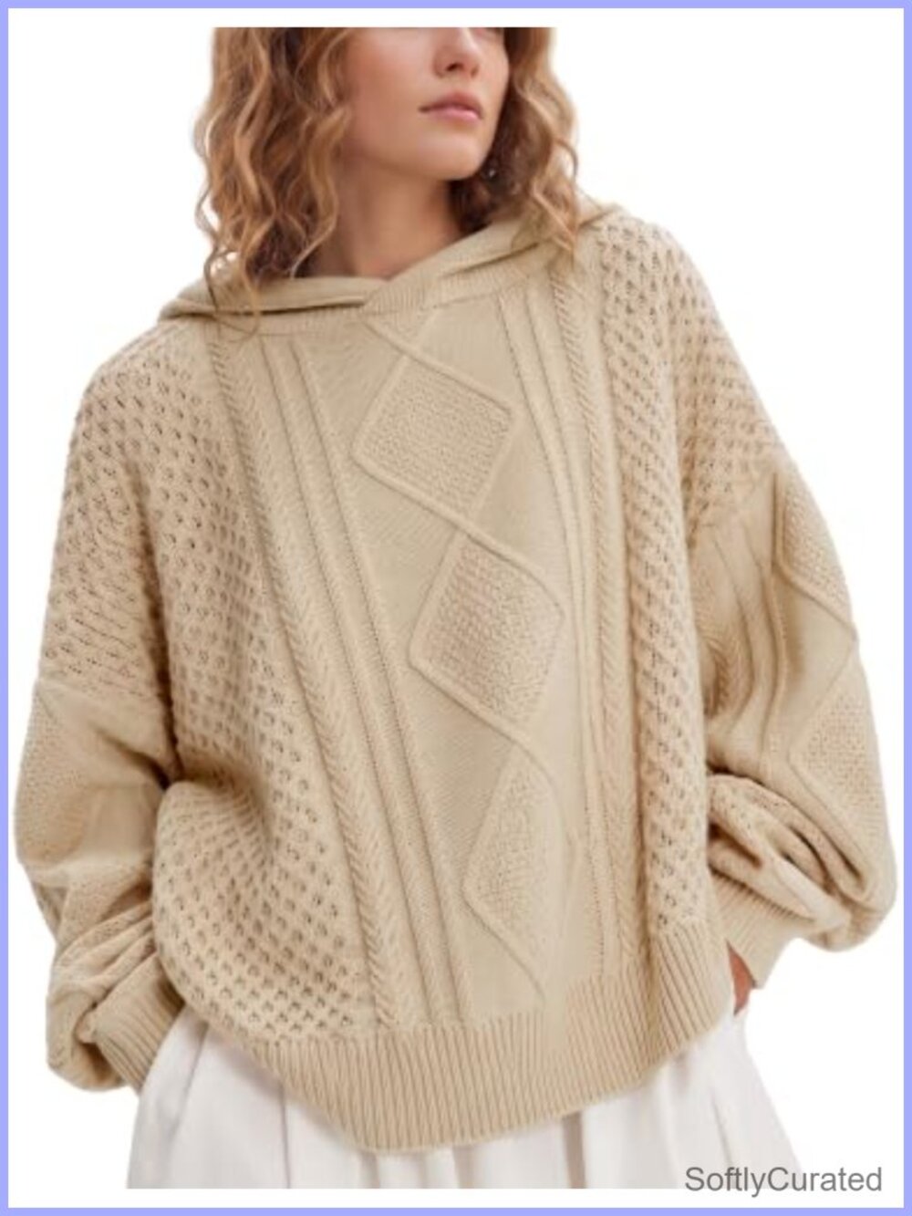 Women's Oversized Cable Knit Hooded Sweater Long Sleeve Pullover